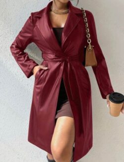 Manteau long en simili cuir avec col à revers et poches